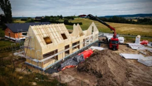 Montáž CLT stěn a střešních panelů pomocí jeřábu při výstavbě moderní dřevostavby Za lány.